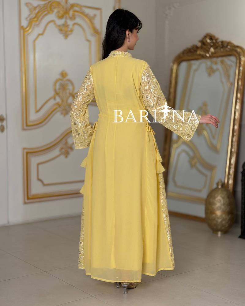 jalabeya with white embroidery and a side tie