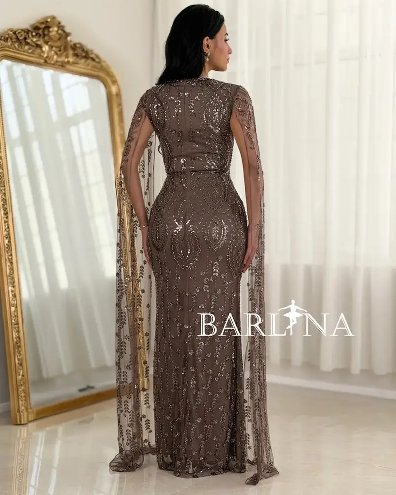 Luxurious brown evening dress fully embroidered