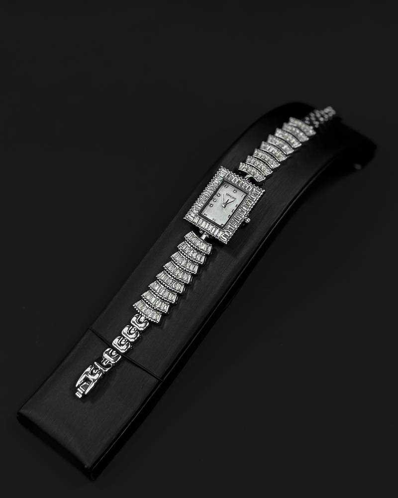 Luxury silver women's watch with a rectangular design