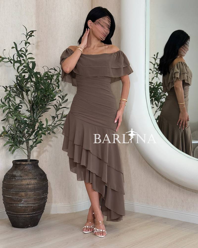 Soft off-shoulder dress with side ruffle layers