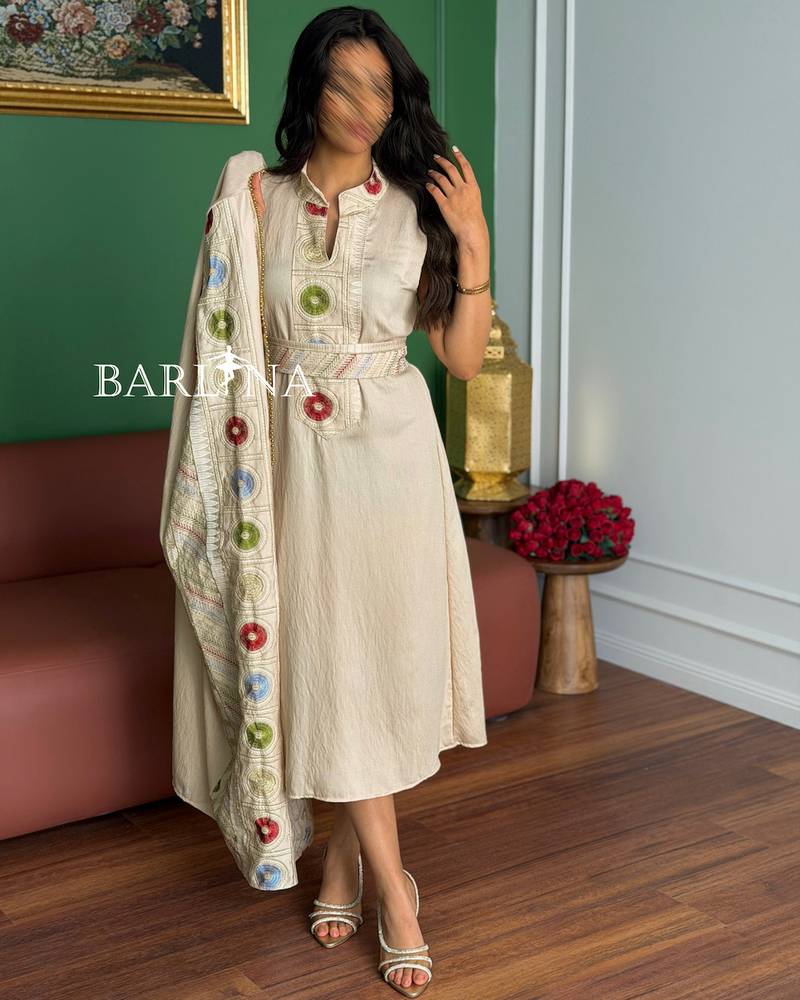 Beige jalabiya with colorful circular embroidery