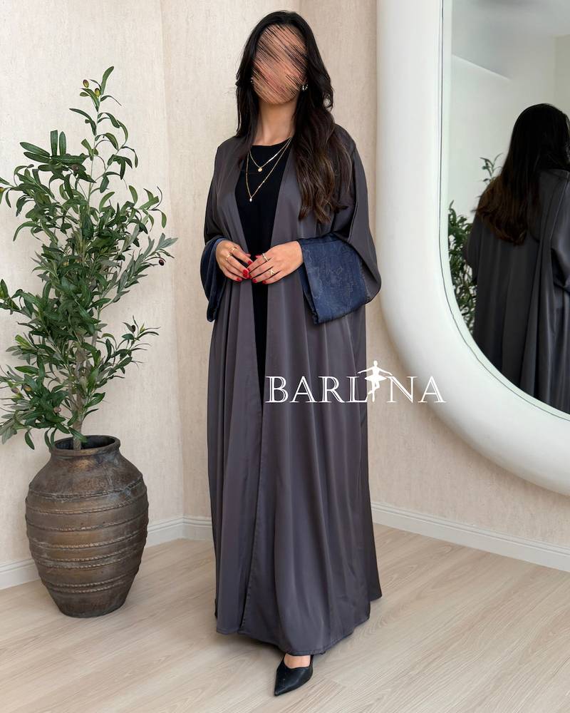 Gray open abaya with blue sleeves