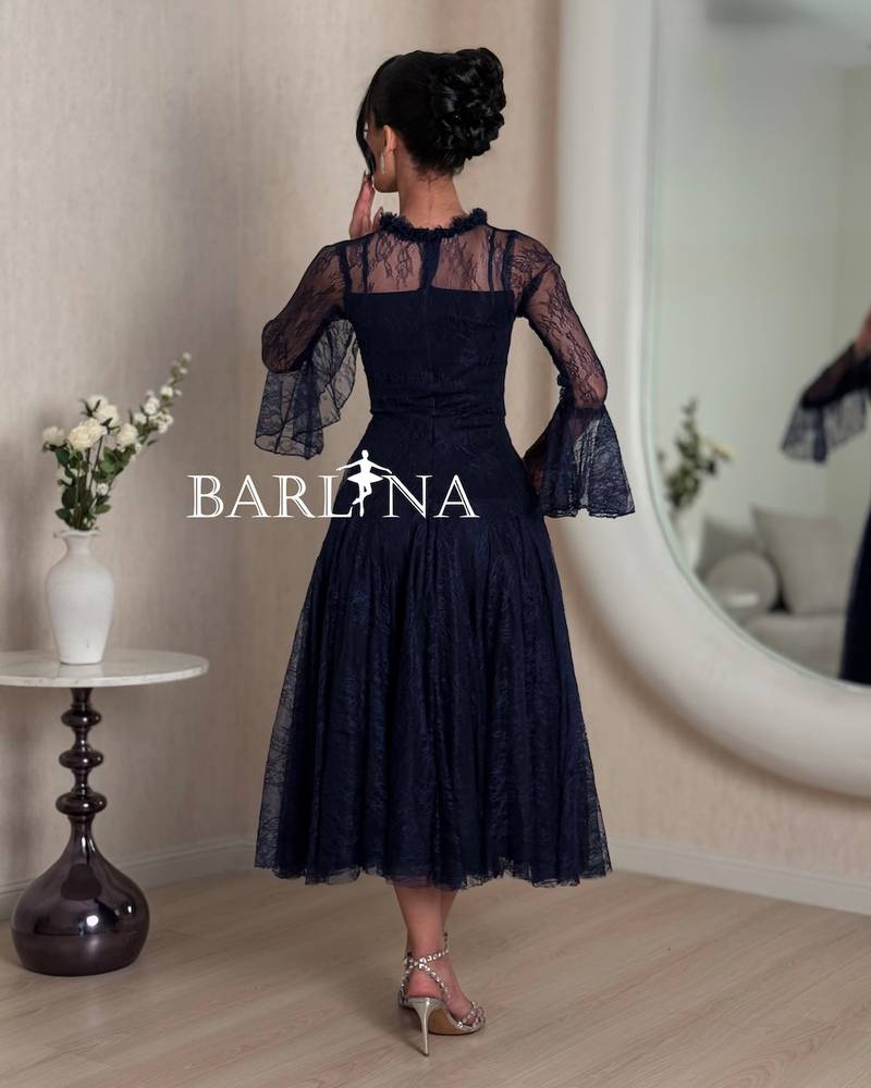Navy lace midi dress with wide sleeves