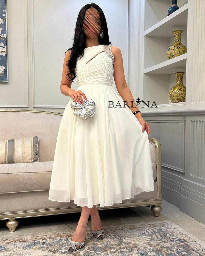 Off White Georgette Midi Dress with Crystal Shoulder