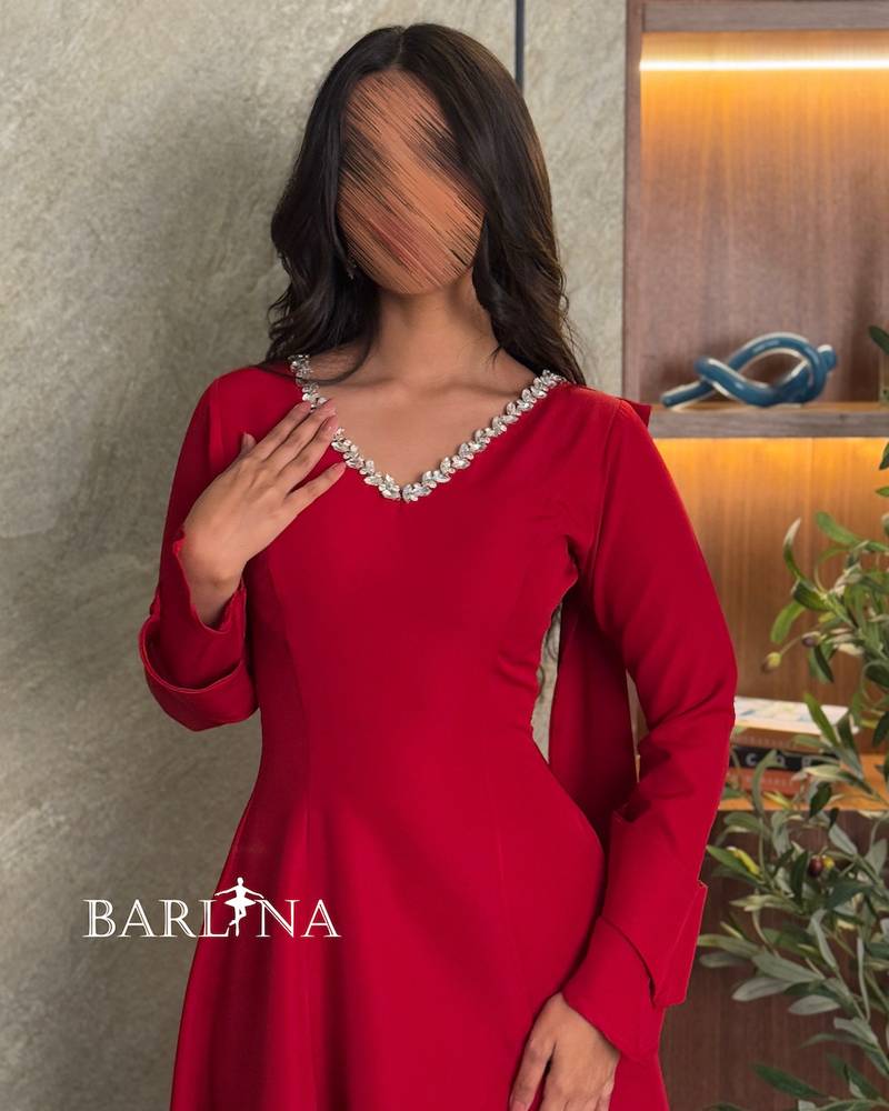 Red dress with off the shoulder detail