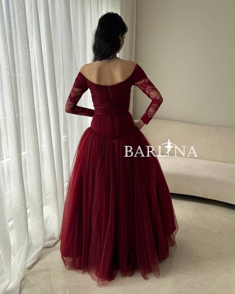 Burgundy tulle dress with long lace sleeves