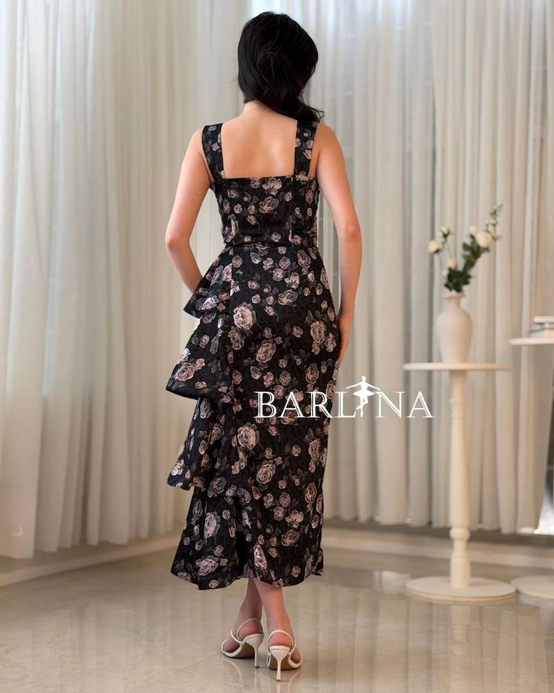Black dress with mauve roses and side layers