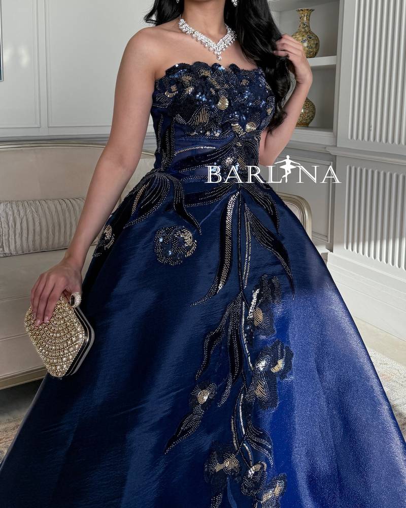 Navy blue open neck evening dress