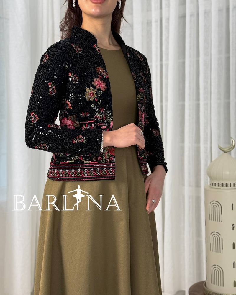 Elegant olive green jalabiya with an embroidered jacket