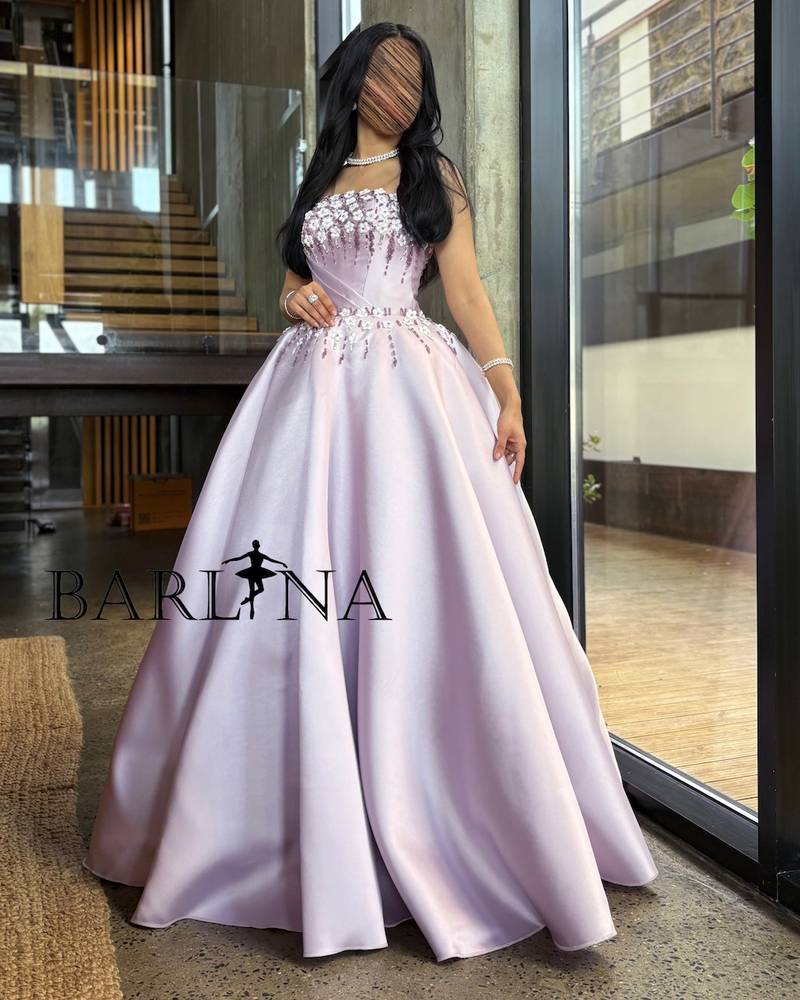 Purple evening dress with small white flowers