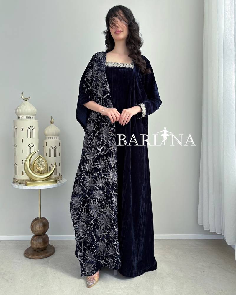 Navy blue velvet jalabiya with elegant embroidery