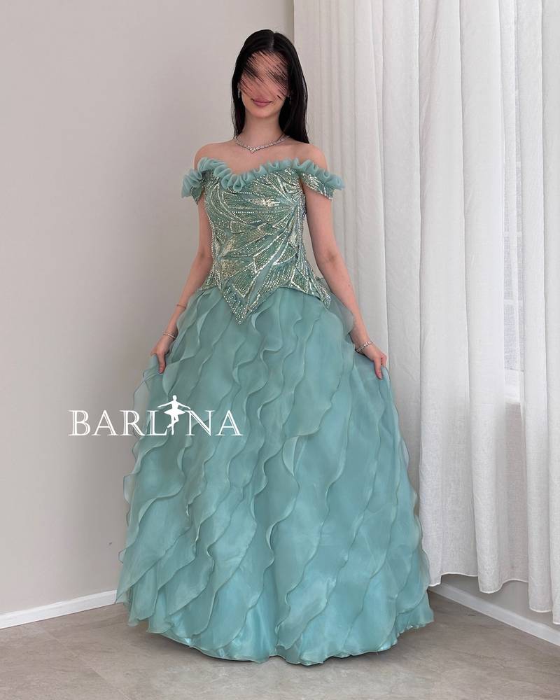 Tiffany long evening dress with wavy layers