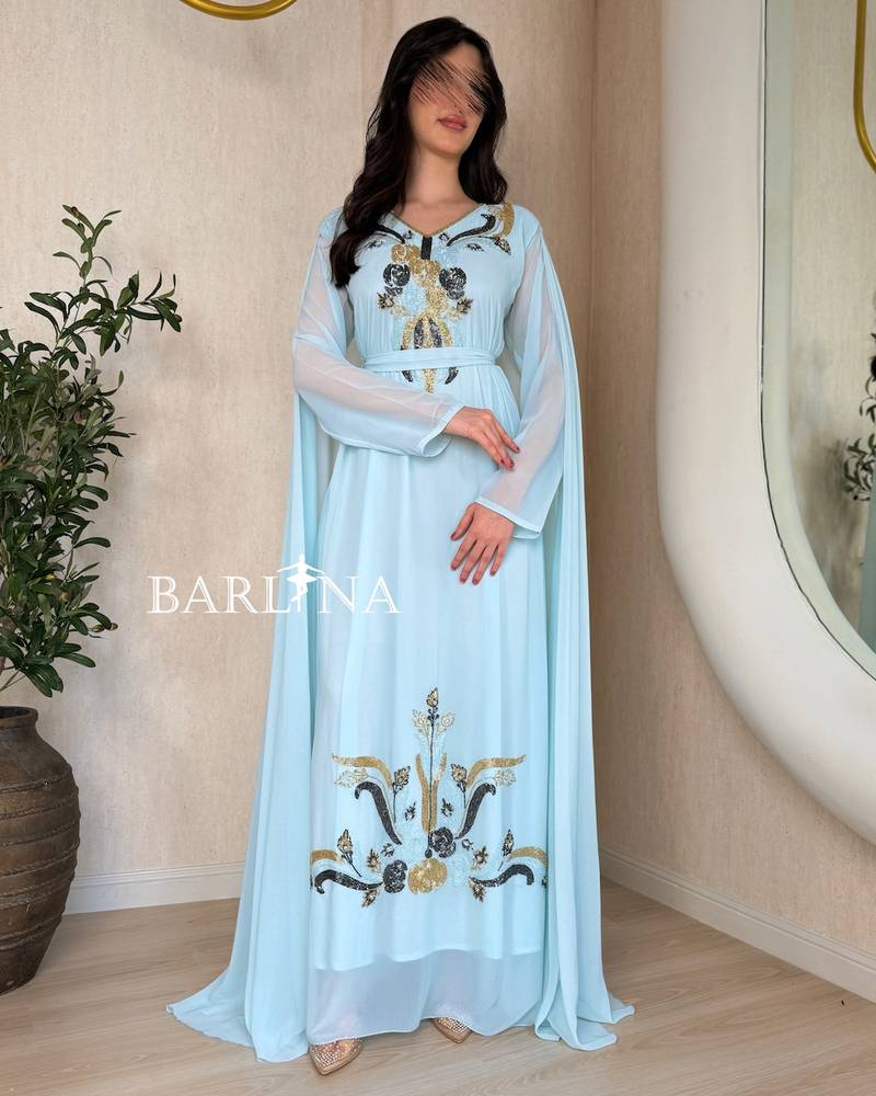 Sky blue jalabiya with a collar decorated with beadwork