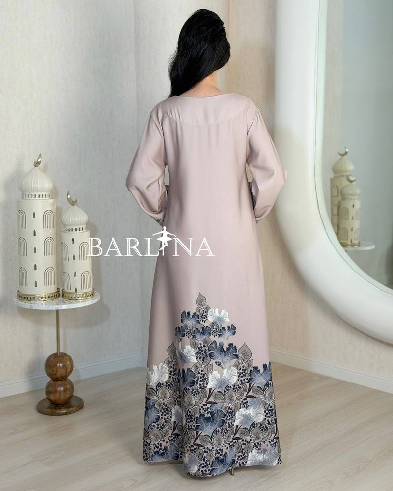 Elegant gray jalabiya embroidered with floral prints