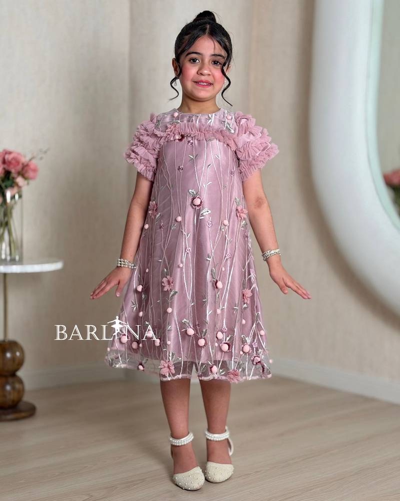 Pink embroidered girl's dress with tulle sleeves