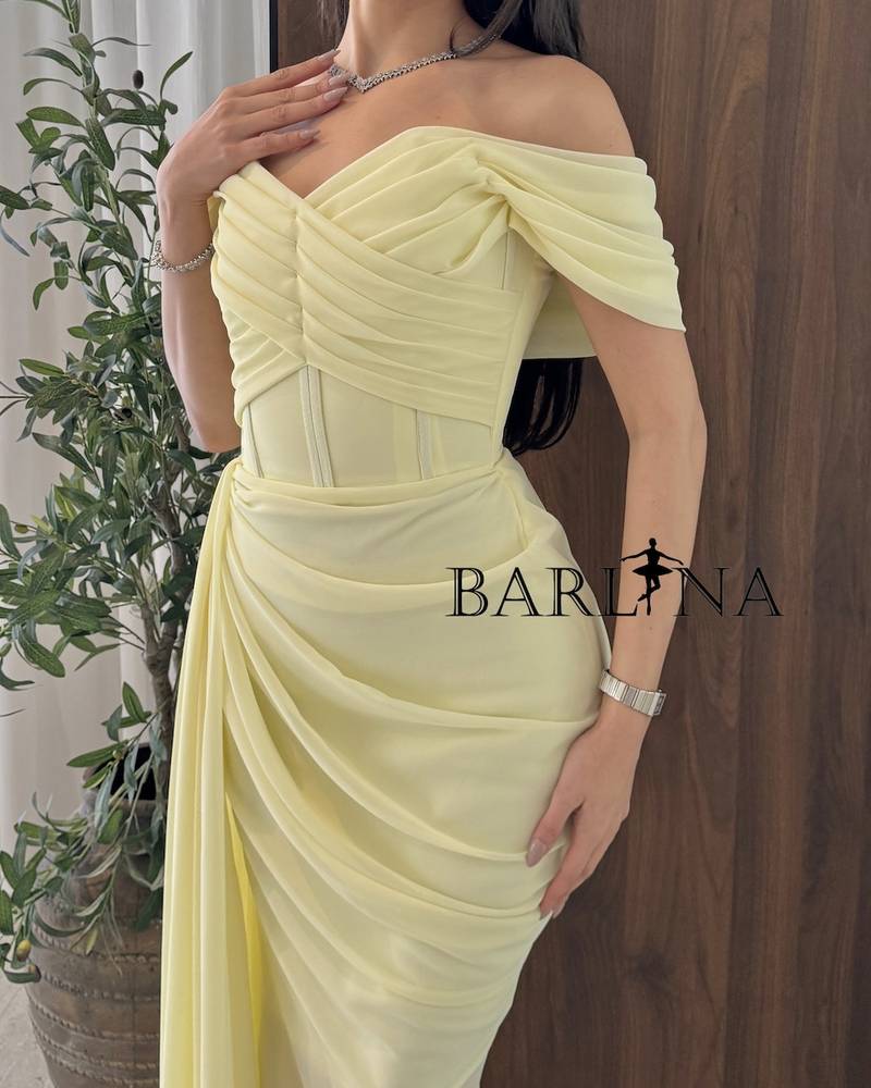 Lemon yellow off-the-shoulder georgette dress