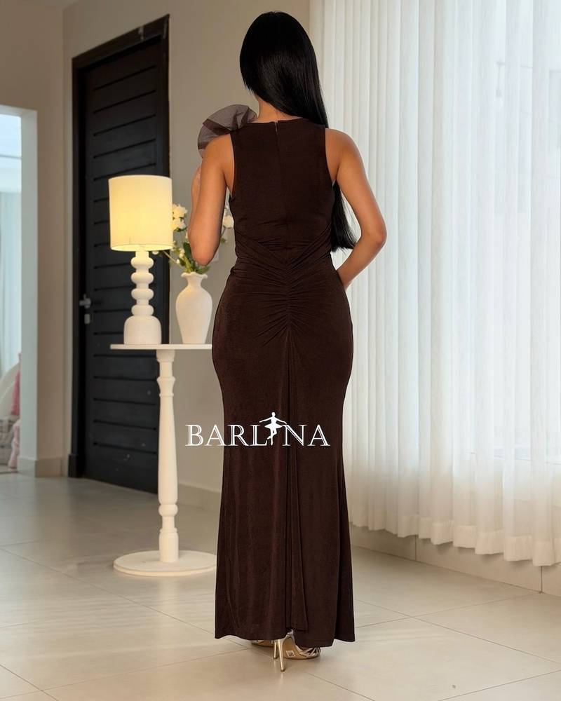 Dark brown dress adorned with a side tulle rose