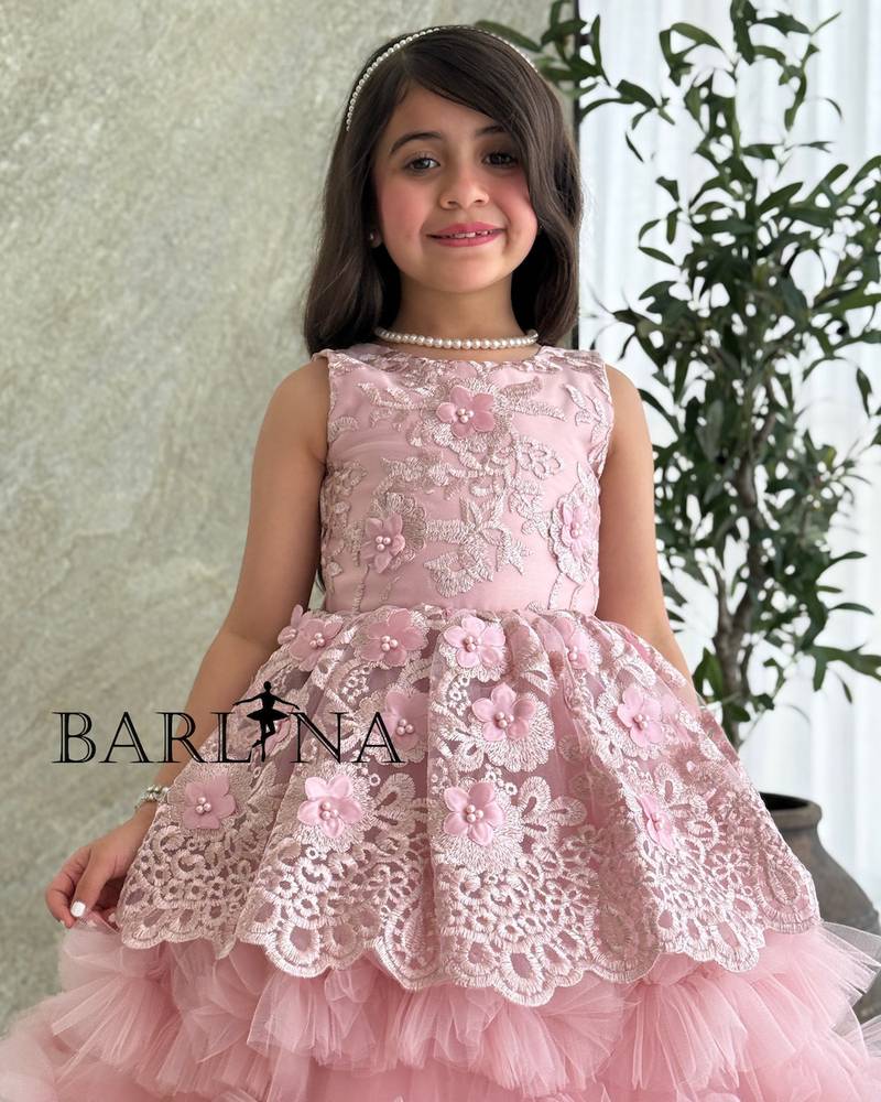 Girls' pink patterned dress with ruffled tulle