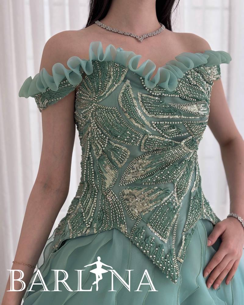 Tiffany long evening dress with wavy layers