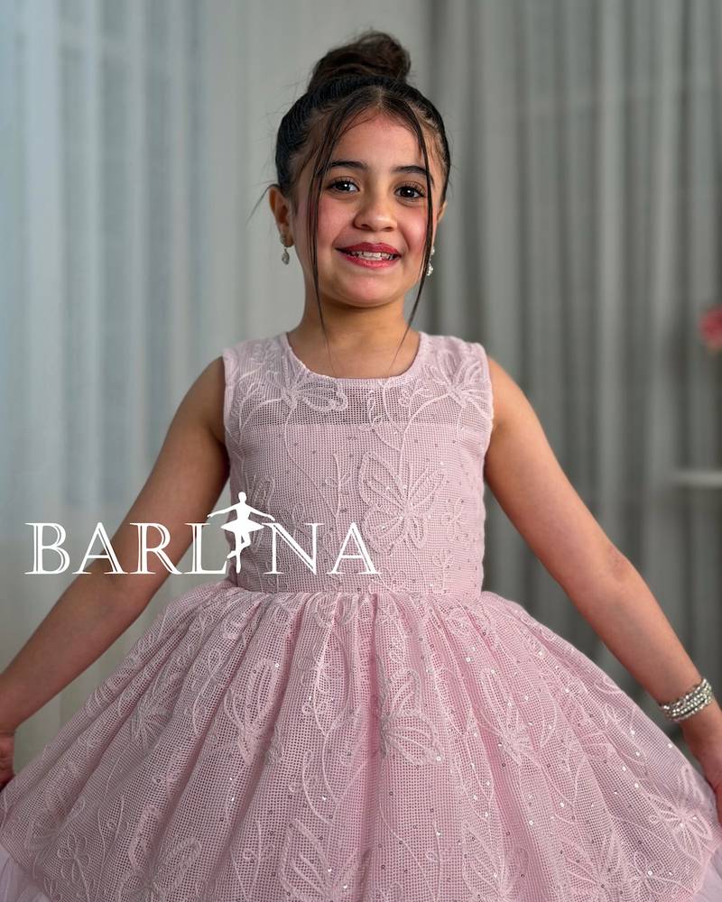 Pink fluffy girls' dress with mesh fabric