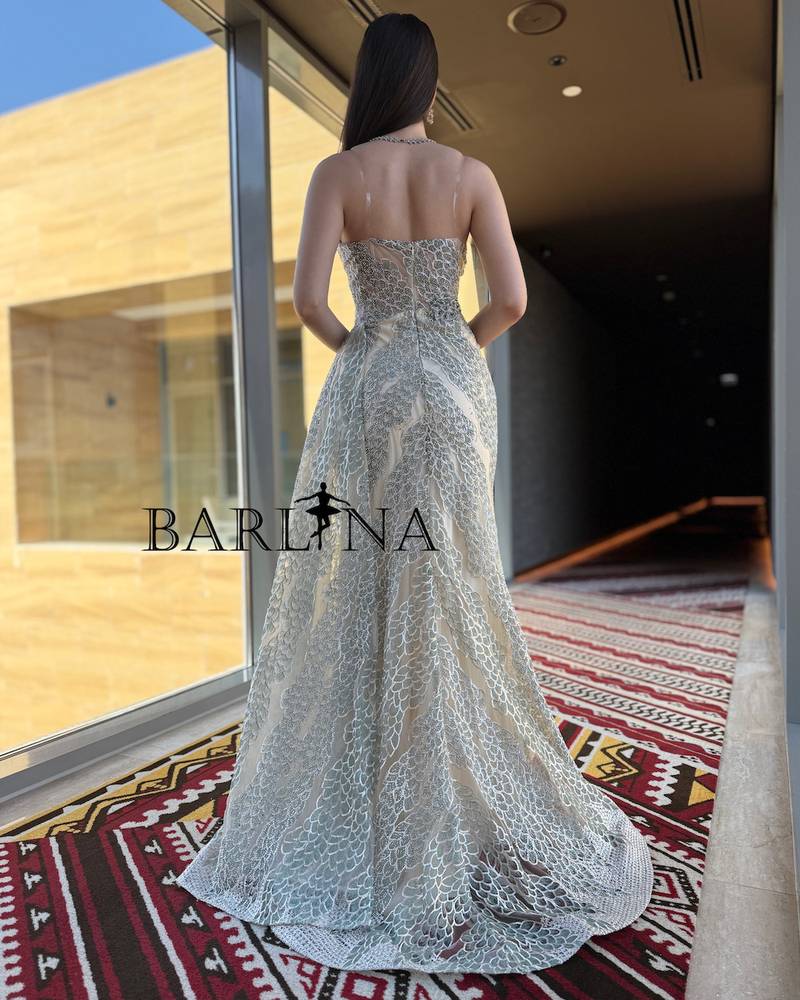 Beige evening dress with luxurious silver embroidery