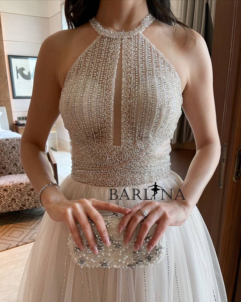 Long embroidered tulle dress