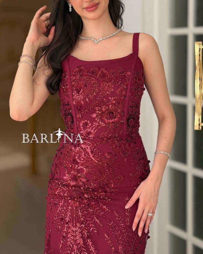 Burgundy dress, fully embroidered with shimmering details
