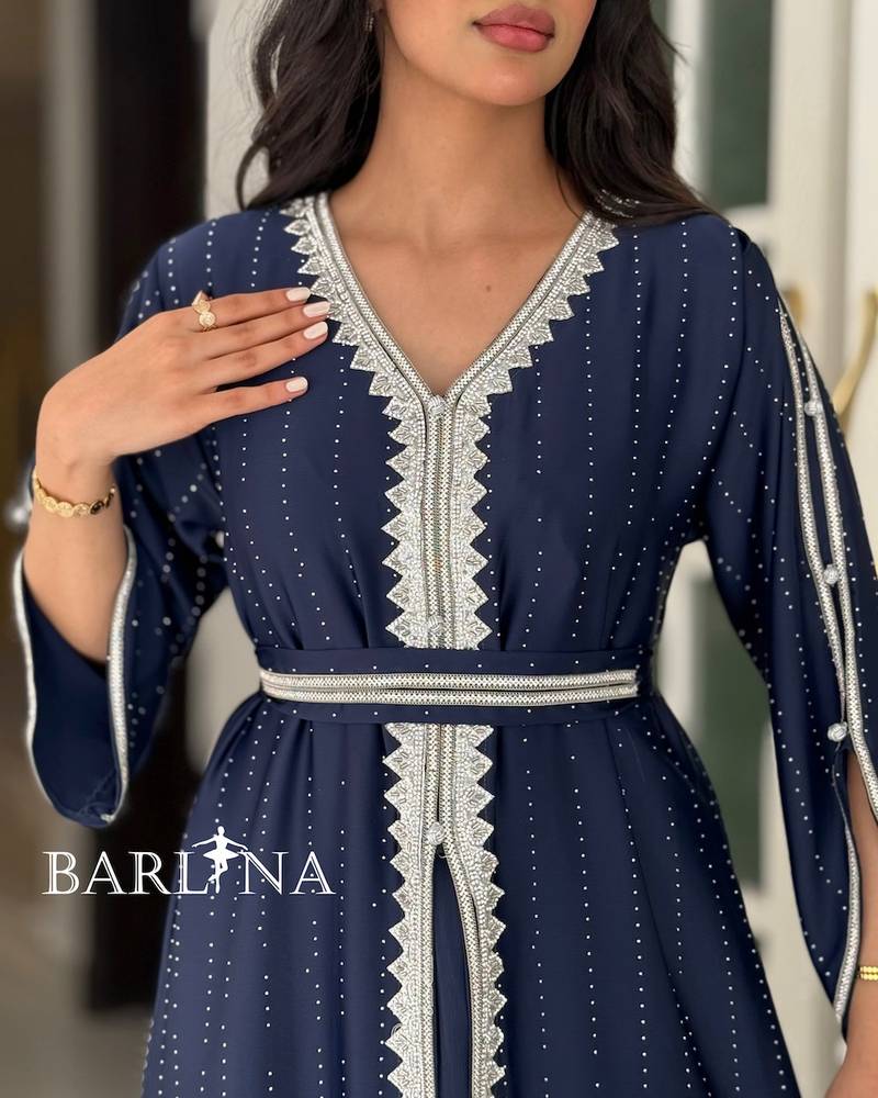 Elegant navy blue kaftan embroidered with delicate beads