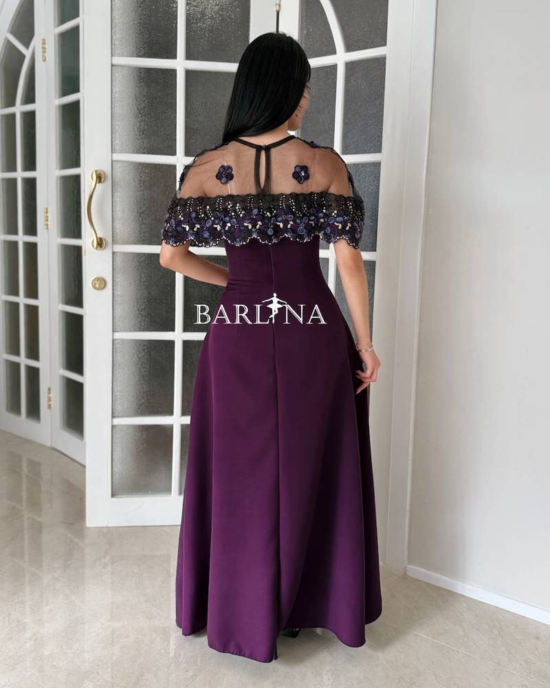 Purple dress with a sheer embroidered collar