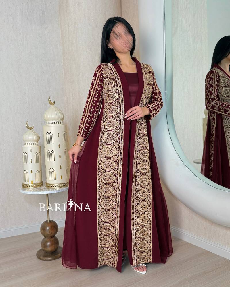 Red jalabiya with gold embroidery and an open cut