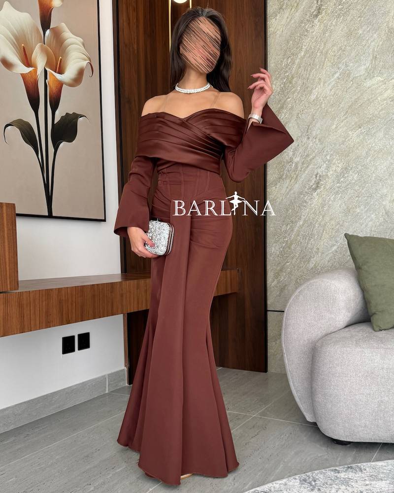 Brown off shoulder dress with wide sleeves