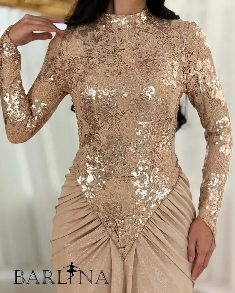 Evening dress adorned with embroidery and shimmering sequins