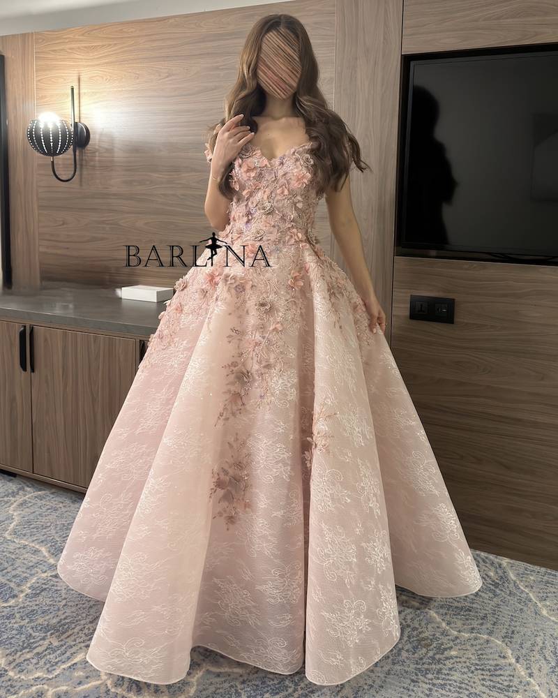 Pink lace evening dress with soft flowers
