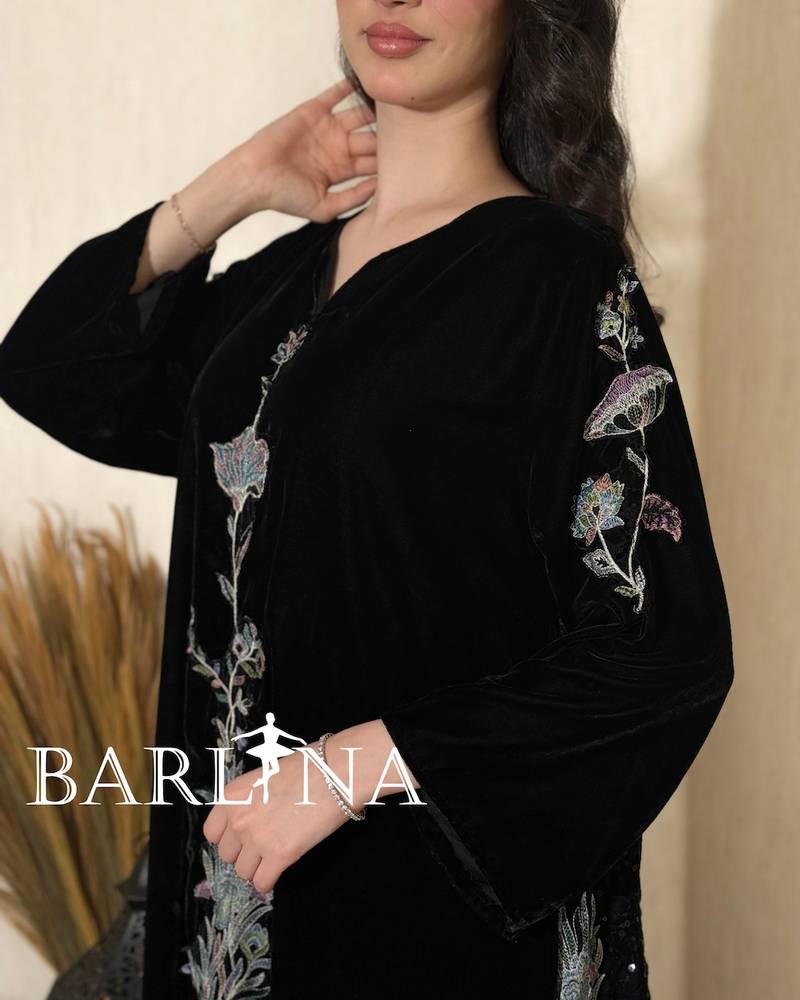 Black velvet jalabiya with delicate floral embroidery