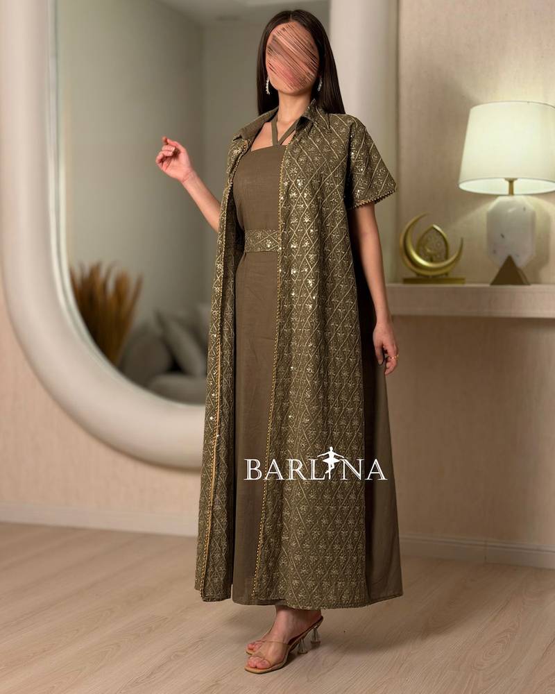 Elegant olive green jalabiya with embroidered placket