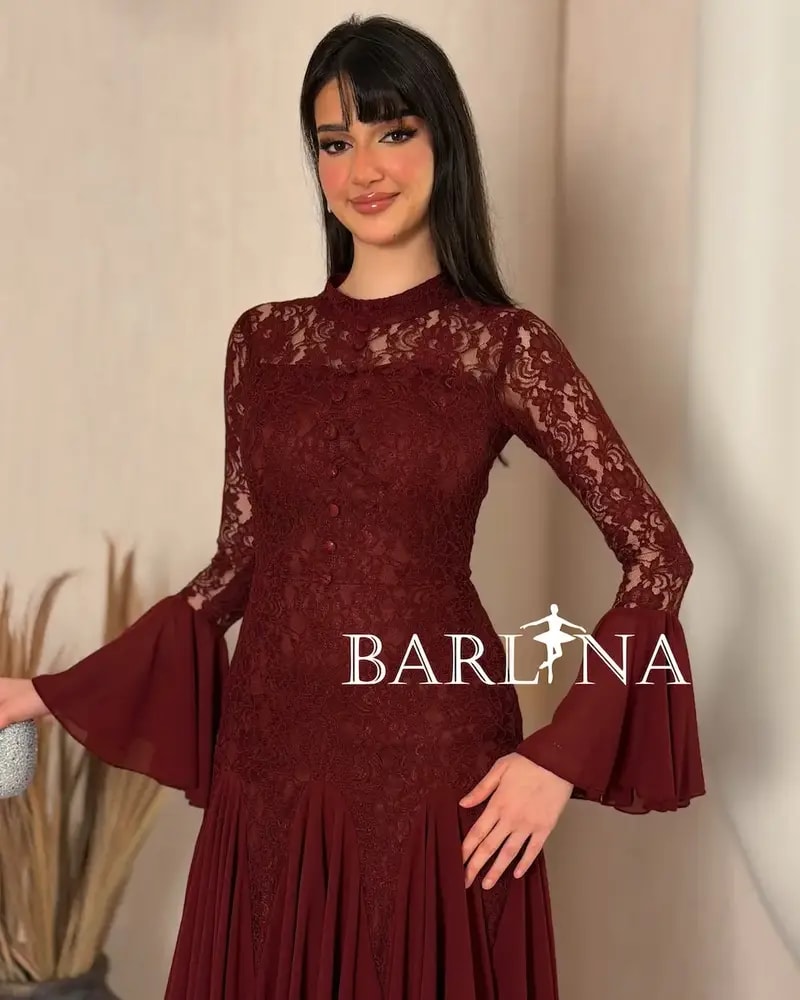 Burgundy lace dress with chiffon trim sleeves