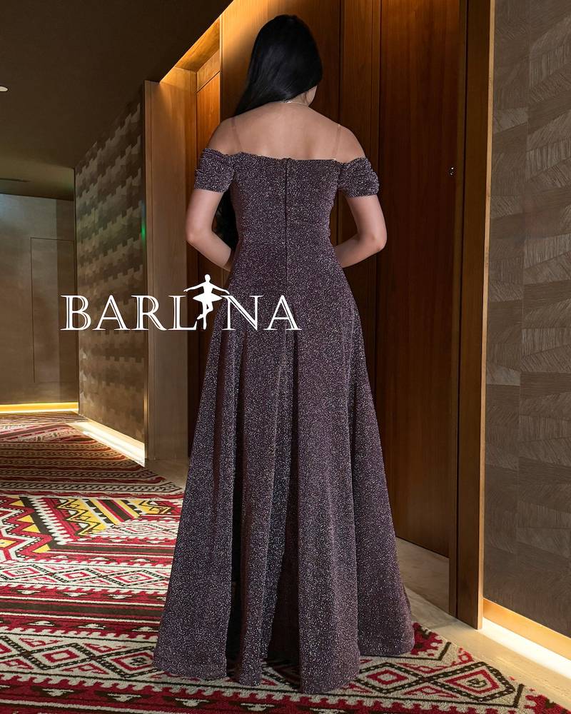 Purple off-shoulder dress with luxurious sheen