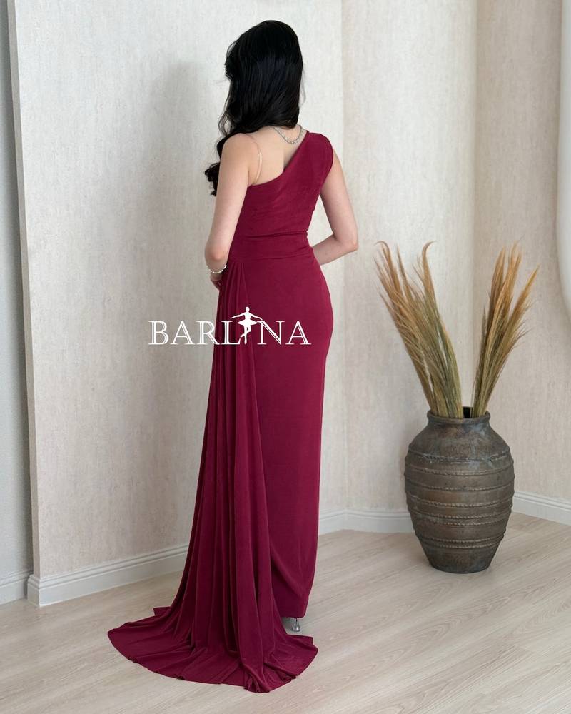 Burgundy one-shoulder dress with soft pleats
