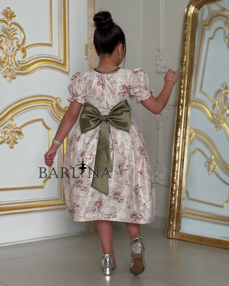 Creamy floral girl's dress with an olive belt