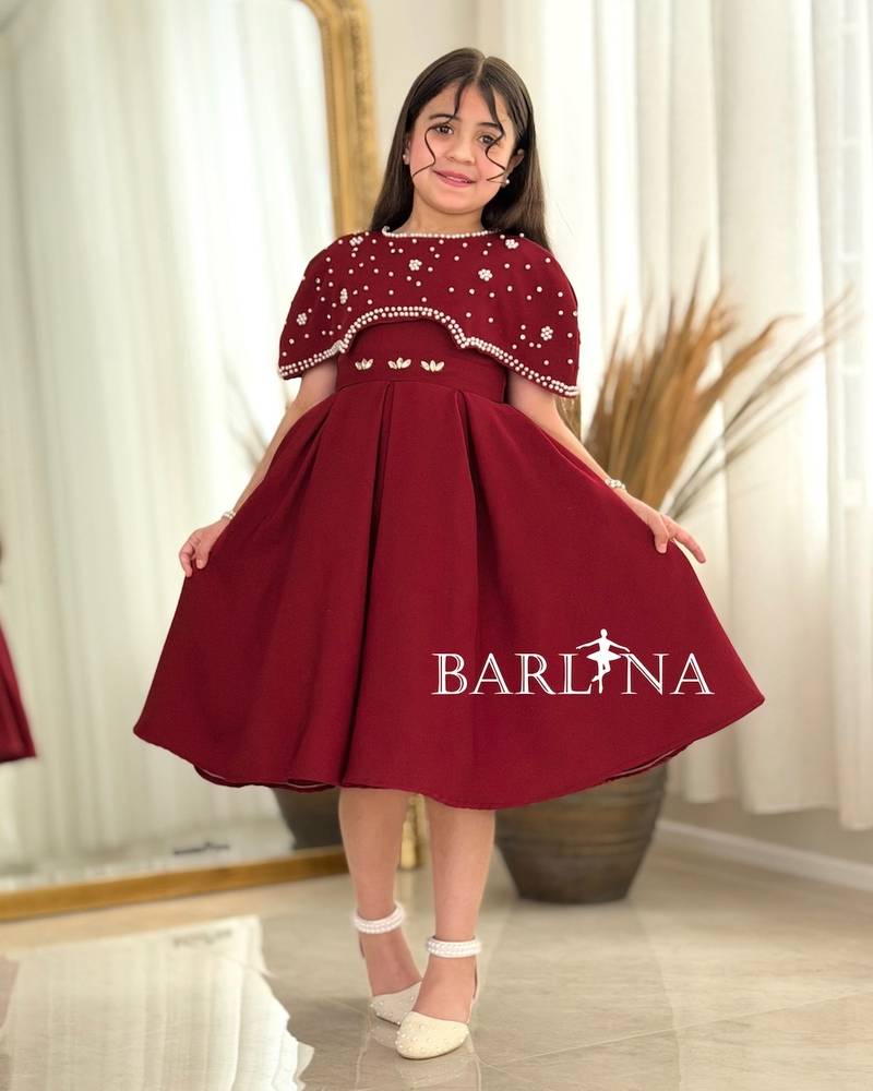 Girls' burgundy dress with short pearl cape