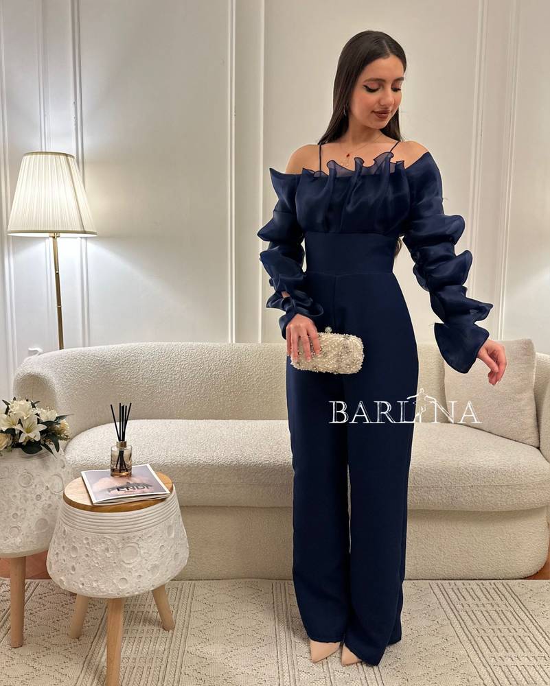 Navy jumpsuit with puffed sleeves