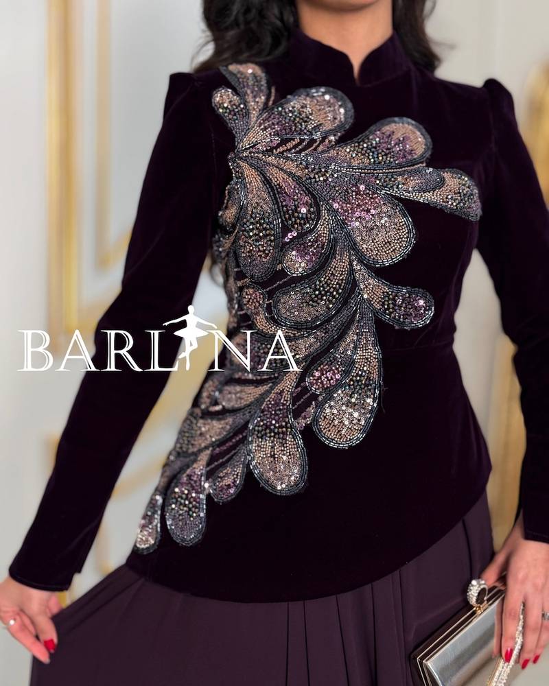 Long dark purple dress with luxurious embroidery