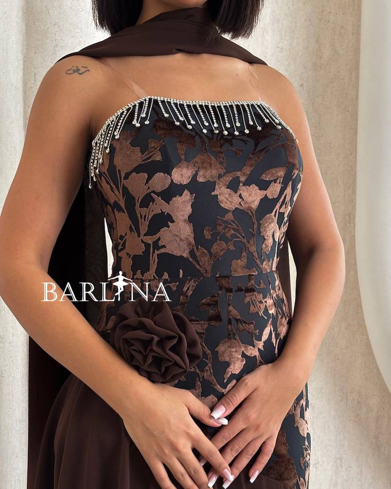 Brown floral dress with soft layers at the bottom