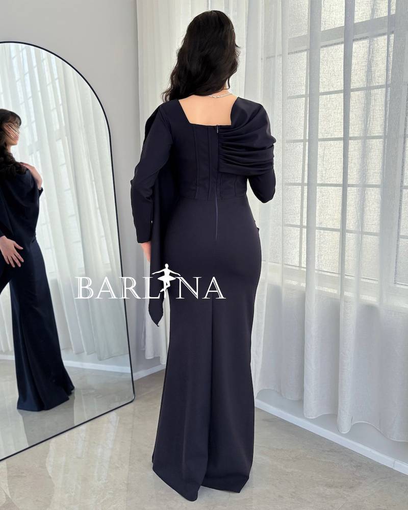 Soft navy fitted dress with side draping
