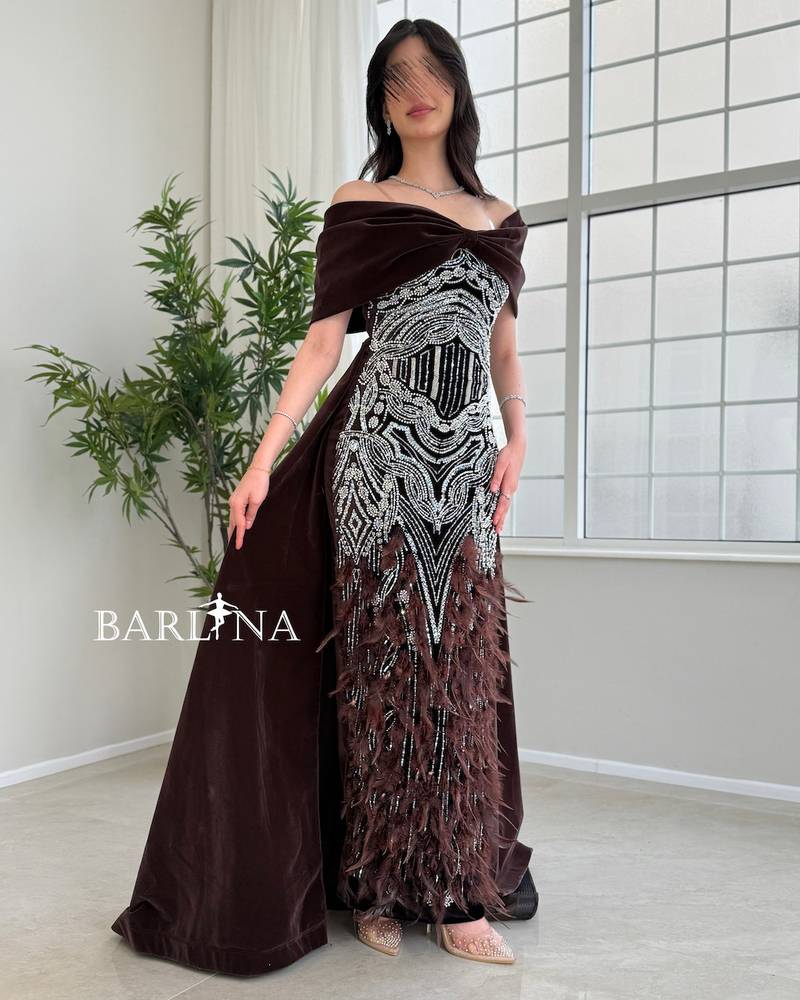Brown velvet dress with sequin and feather details