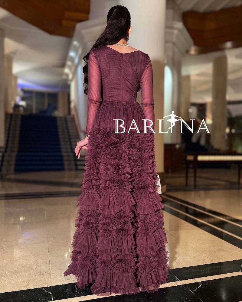 Dark berry tulle dress with ruffled layers