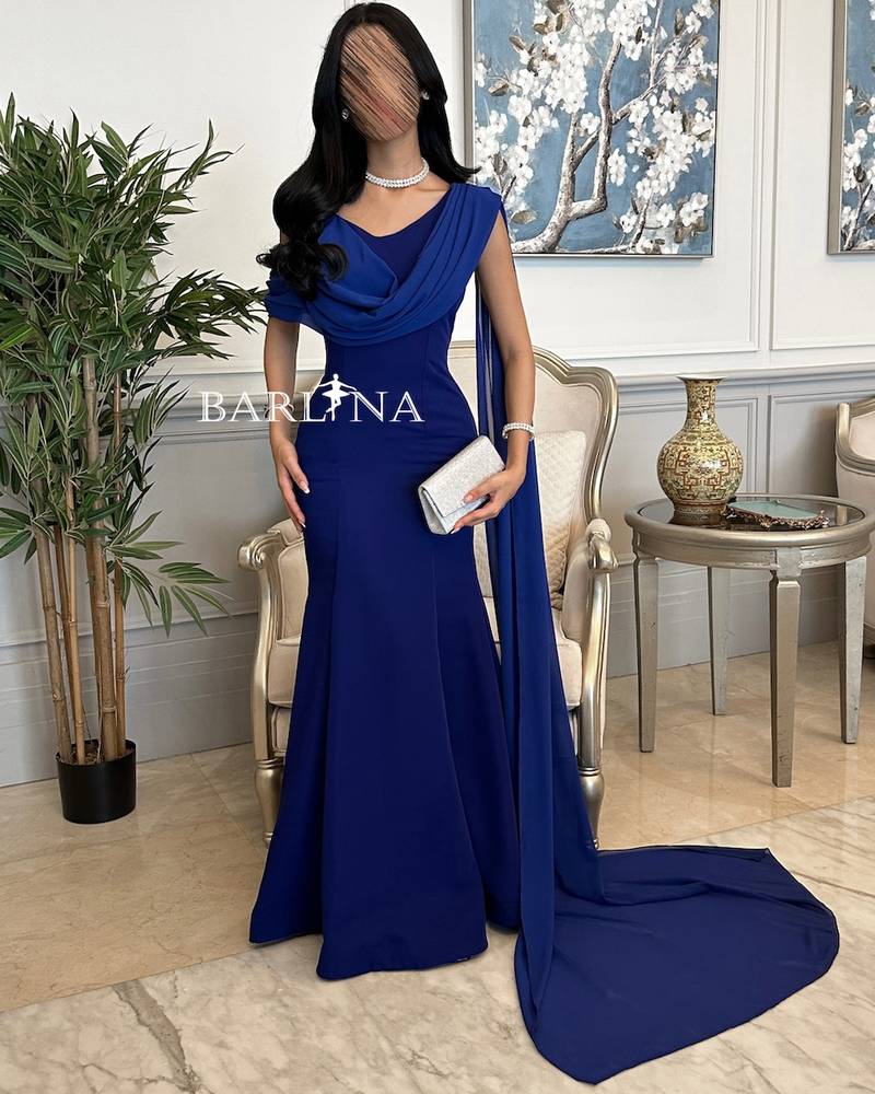 Long blue dress with chiffon shawl wrap
