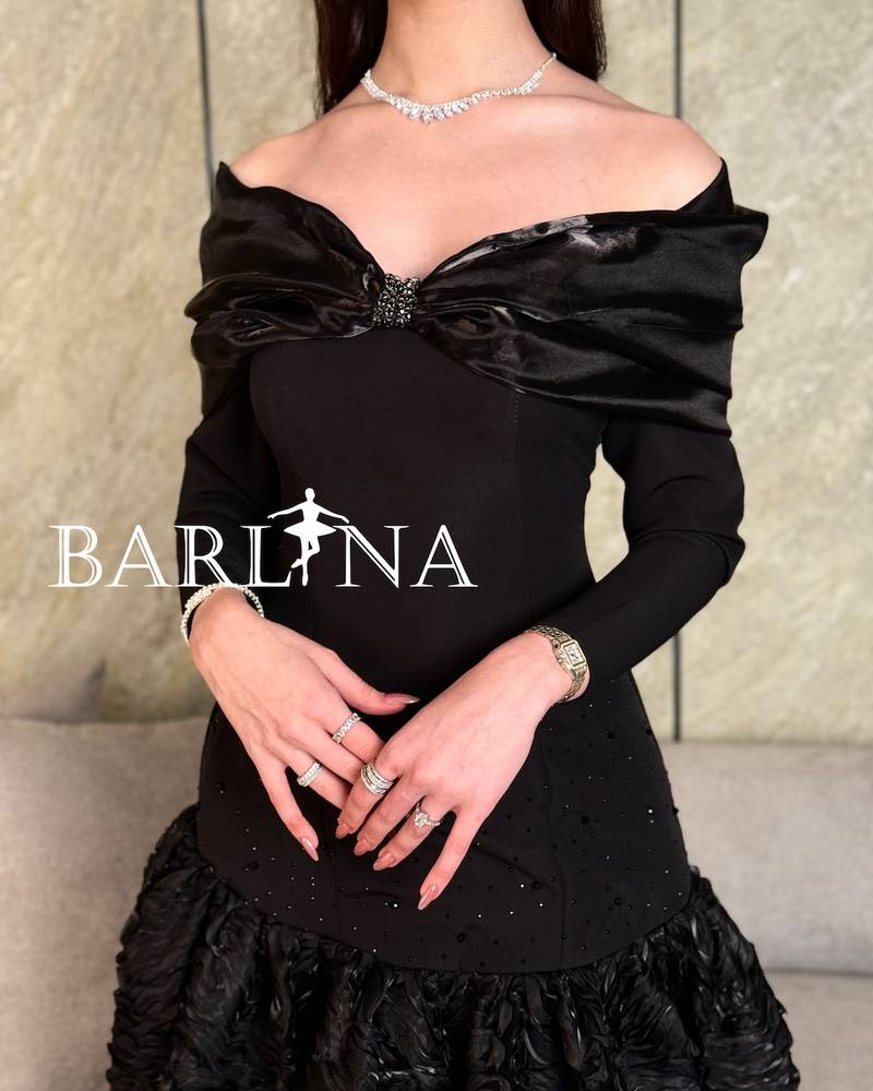 Black dress with prominent fabric and long sleeves