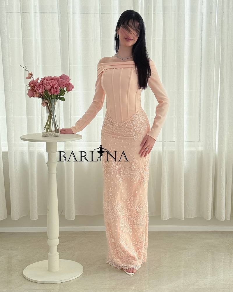 Long pink corset dress with embroidered lace