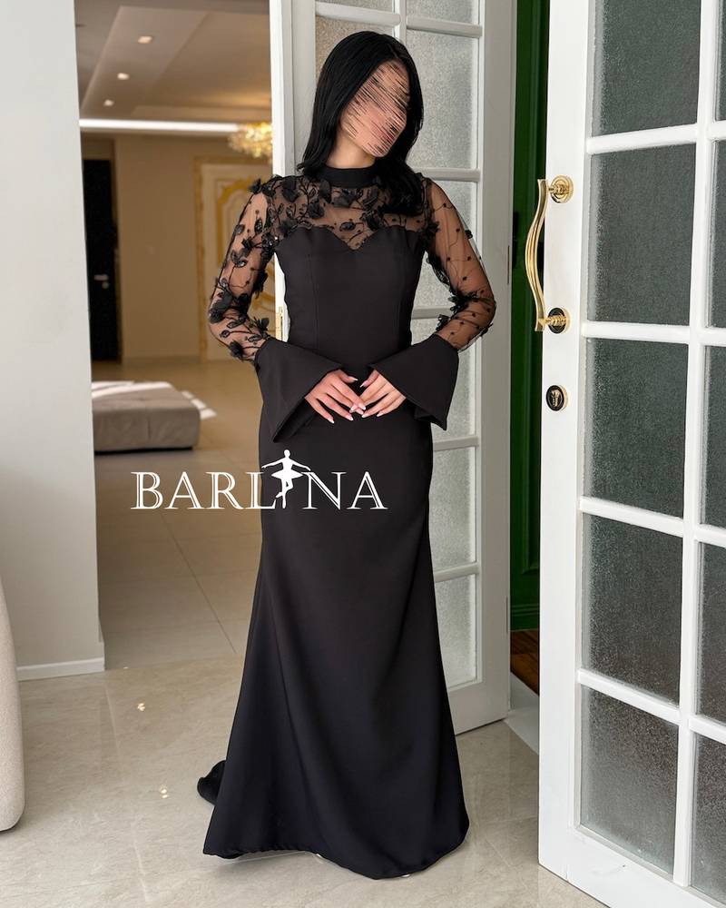 Black dress with sheer lace embroidered on the sleeves
